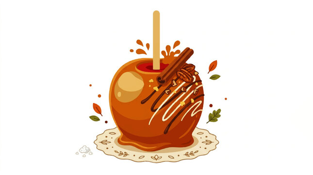 A delicious candy apple with drizzled chocolate and caramel toppings on a decorative plate.