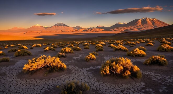 Vibrant sunset over rocky desert landscape with mountains.