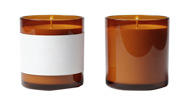 Two realistic scented candles in amber glass jars one featuring a blank white label mockup ready for branding design&nbsp;&nbsp;