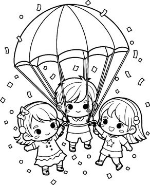 Three Children Enjoying Playtime with Colorful Parachute Toy.