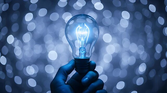 Hand holds a glowing light bulb that represents a bright idea for creative innovation and smart problem solving solutions for modern business development and future thinking visionary strategies