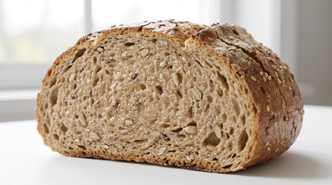 Multigrain bread slice with seeds and soft glossy crumb texture. Isolated on White background