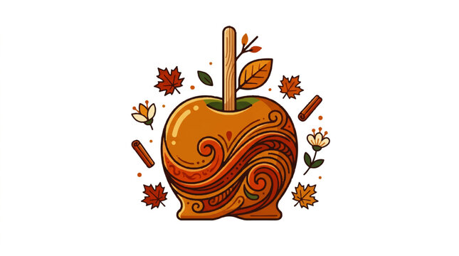 A vibrant caramel apple vector illustration features an apple surrounded by autumn leaves and cinnamon sticks.