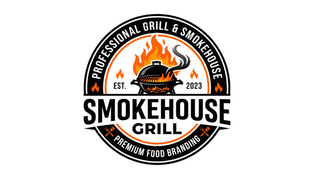 A logo showcases a grill with flames and text on a circular emblem