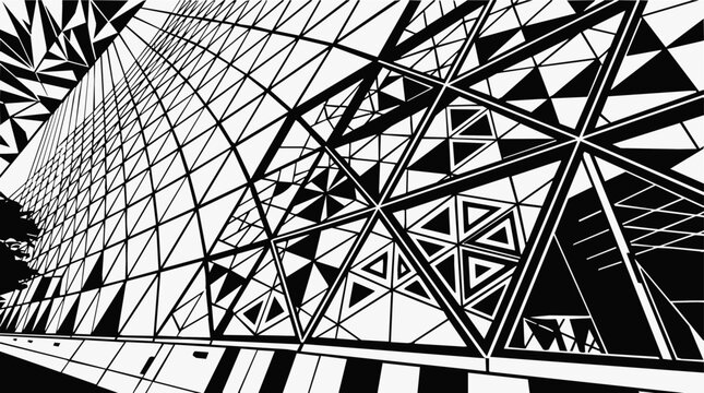 Modern geometric architecture abstract pattern with sharp perspective and high contrast black and white triangular grid facade design