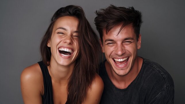 Joy and happiness in a relationship. A young man and woman are laughing heartily with their eyes closed and mouths open, captured in a studio portrait against a gray background.