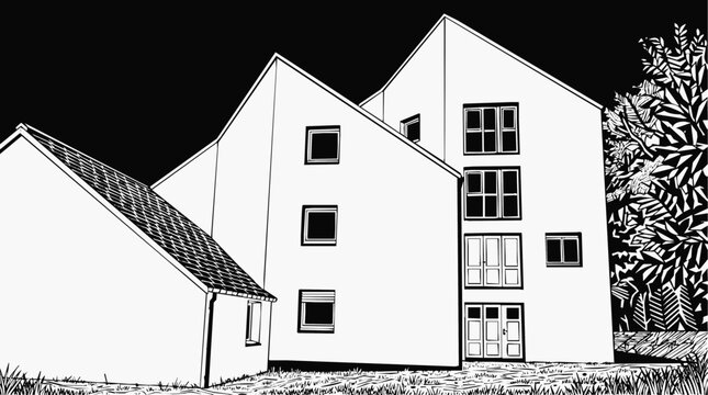 Architectural house rendering featuring a modern building design in a clean minimalist black and white line art illustration.