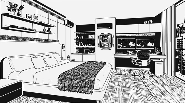 Modern gaming room and cozy bedroom interior design featuring a computer desk and dual monitor setup in a minimalist line art illustration style.
