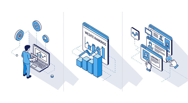SEO Strategy Growth and Website Ranking Analysis Isometric Illustration