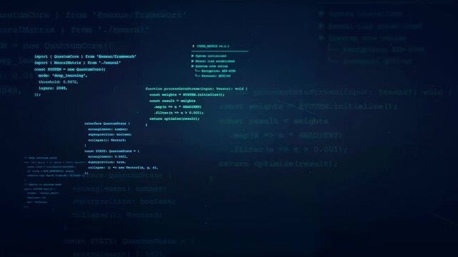 Digital screen displaying scrolling computer code and programming scripts on a dark blue background