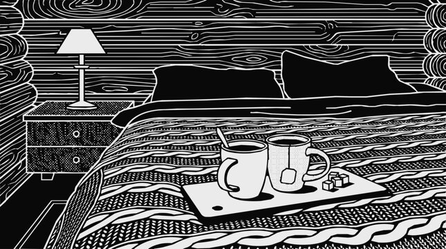 A rustic interior log cabin bedroom with a cozy bed and tea mugs on a tray, presented in a black and white linocut style woodcut illustration.