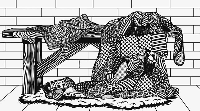 Intricate patchwork quilt draped over a rustic wooden bench with a warm blanket in a monochrome hand-drawn illustration against a brick wall.
