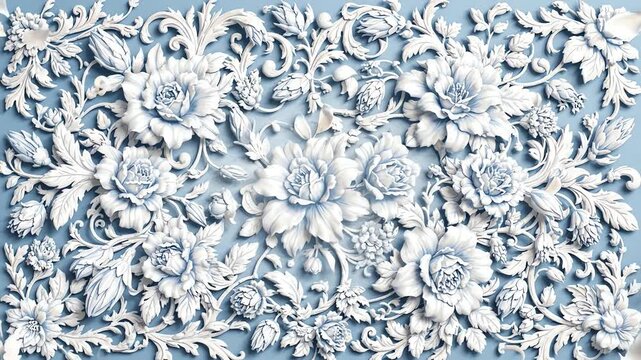 Elegant motion graphics animation of delicate vintage French floral patterns blooming in soft light blue and white colors