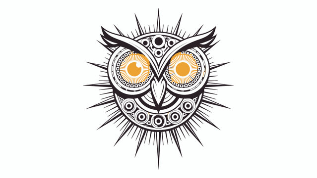 Tribal owl head with intricate geometric patterns and orange eyes