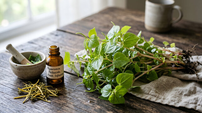 Fresh Peperomia Pellucida Plant Infusion and Herbal Remedies
