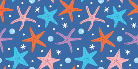 Obraz premium Cute starfish seamless pattern. Vector ocean life background with colorful sea stars, bubbles and stars for kids fabric, summer swimwear and nursery design.