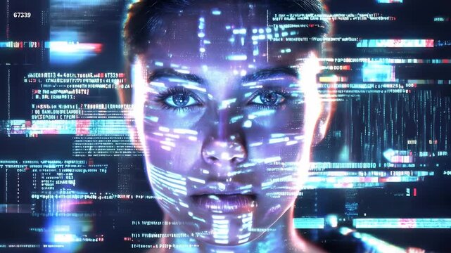 Digital code patterns flowing across a woman's face. Artificial intelligence and data security concept in a high-tech environment. Close-up shot with panning and tilting camera movement.