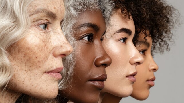 Beauty portrait featuring women of different ages and ethnic backgrounds. Diverse beauty concept highlighting natural skin texture, individuality and inclusion
