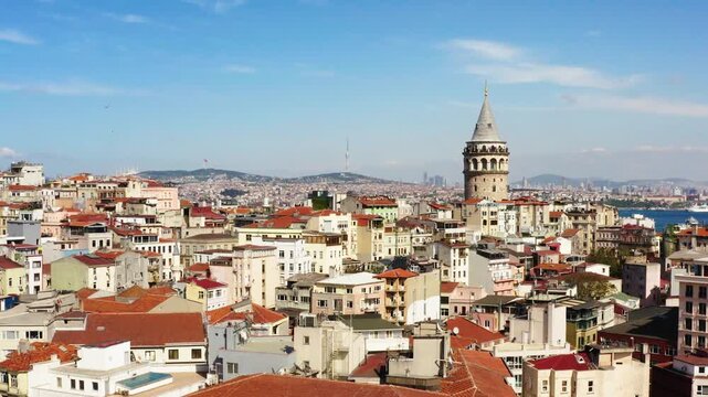Aerial drone view of Golden Horn bay in Istanbul, Turkey with Galata tower and cruise ships during summer sunny day