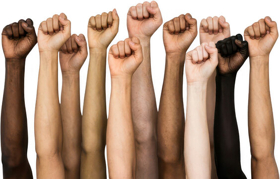 A diverse group of people from various ethnic backgrounds raising their hands and fists in the air as a symbol of unity collective strength social activism solidarity and common purpose