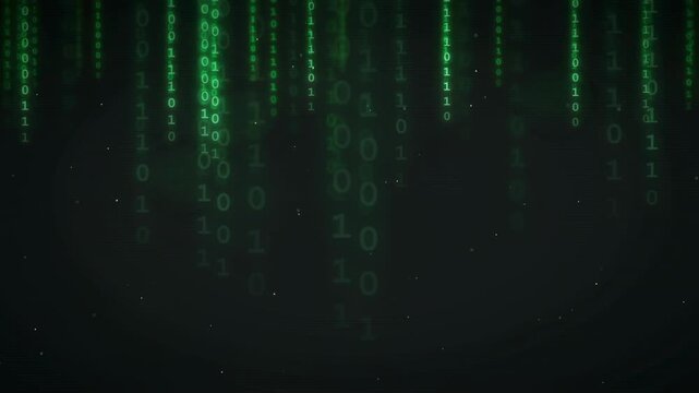 Abstract digital green binary code raining down on a dark black background for technology concepts