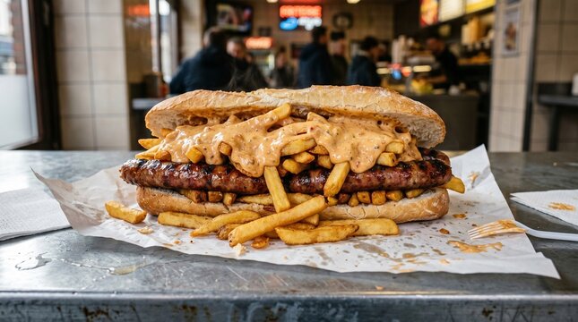 Classic Belgian Mitraillette Sandwich with Fries and Sauce