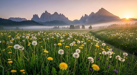 Fototapeta premium Sunset over a serene lake with blooming daffodils.