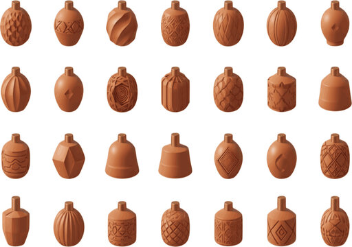 3D luxury terracotta perfume bottle icon set, matte claymorphism fragrance packaging bundle with sharp traditional Tunisian carved patterns