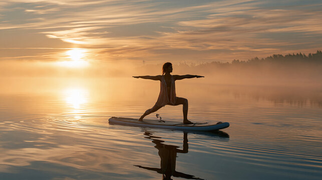 Sunset SUP Yoga Meditation on Lake: Serenity and Wellness through Paddleboarding