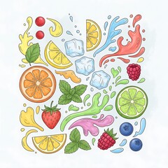 Obraz premium Colorful Hand Drawn Watercolor Fruits And Vegetables Illustration.