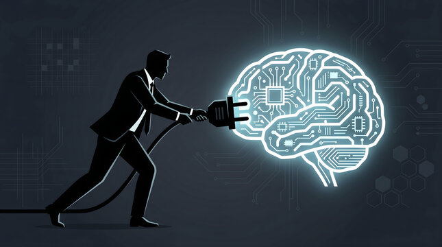 businessman plugging power cord into glowing circuit brain