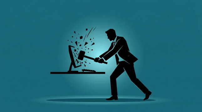 man in suit smashing computer screen with hammer