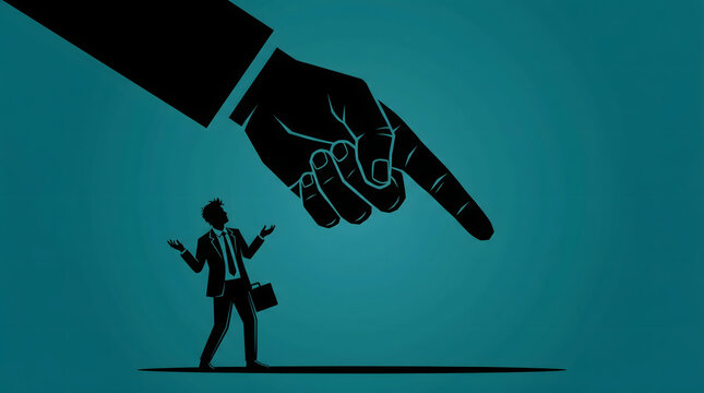 Man accused by giant finger pointing blame concept