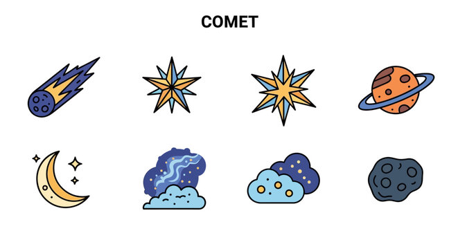 Cosmic illustrations comet stars planet and moon in vector graphics
