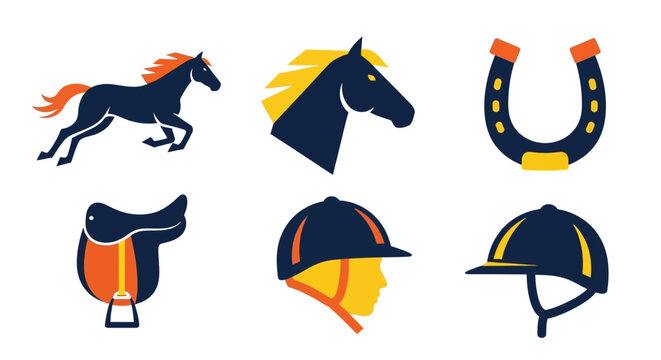 Equine icons set representing horse running head horseshoe saddle helmet