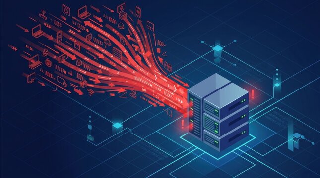 DDoS attack event is displayed with data streams overwhelming a server illustrating potential cybersecurity issues and training needs