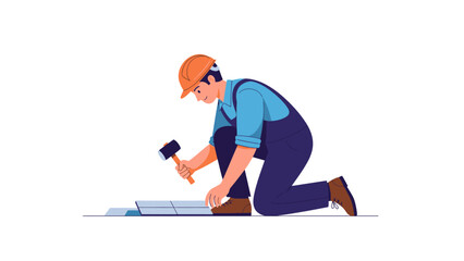 Fototapeta premium Professional Construction Worker Installing Floor Tiles with a Rubber Mallet, Tiler at Work Vector Illustration Isolated on White Background