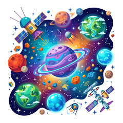 Colorful Cosmic Galaxy with Planets, Stars, and Satellites - Space Exploration Art © Enja