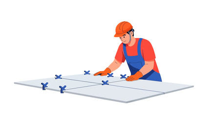 Fototapeta premium Professional Construction Worker Laying Floor Tiles with Spacers Vector Illustration. Flat Style Handyman Installing Ceramic Tiles for Home Renovation and Remodeling.