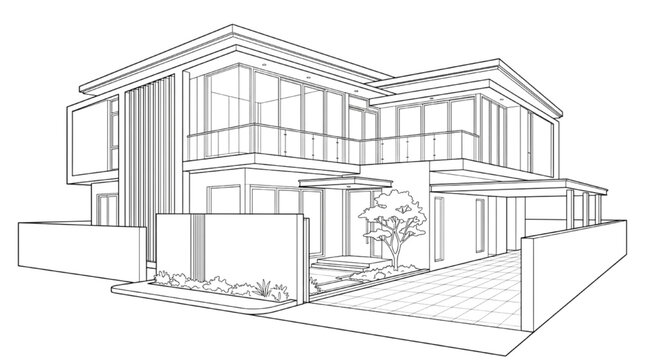 Modern Luxury House Architectural Design and CAD Technical Line Drawing for Residential Construction Planning