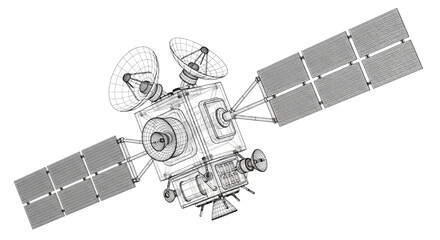 Detailed 3D CAD design wireframe model of a sophisticated orbital communications satellite featuring complex solar panels and radar array © Rishi