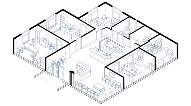 Isometric CAD floor plan illustration of a modern open office space layout with furniture and partitions