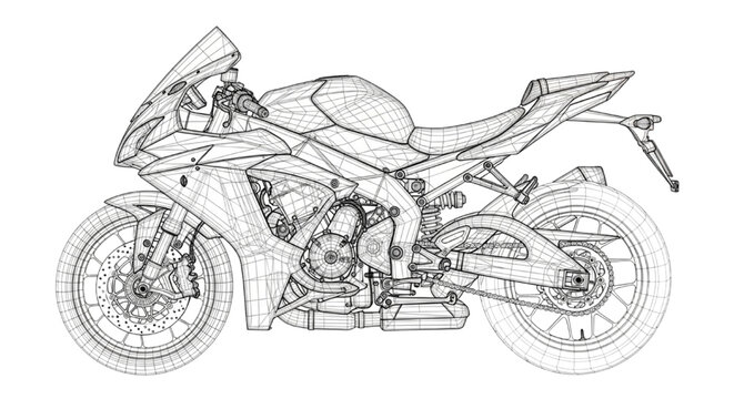 Technical 3D CAD Wireframe Model of a High Performance Sport Motorcycle for Engineering and Design