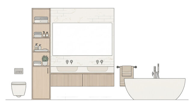 Professional CAD architectural plan of a contemporary bathroom featuring double sinks and a freestanding bathtub