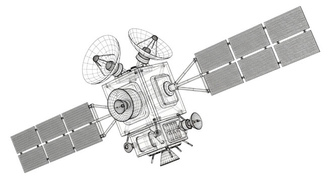 Detailed 3D CAD design wireframe model of a sophisticated orbital communications satellite featuring complex solar panels and radar array