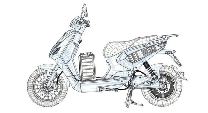 Professional CAD wireframe 3D model of a modern electric motor scooter for industrial design and engineering