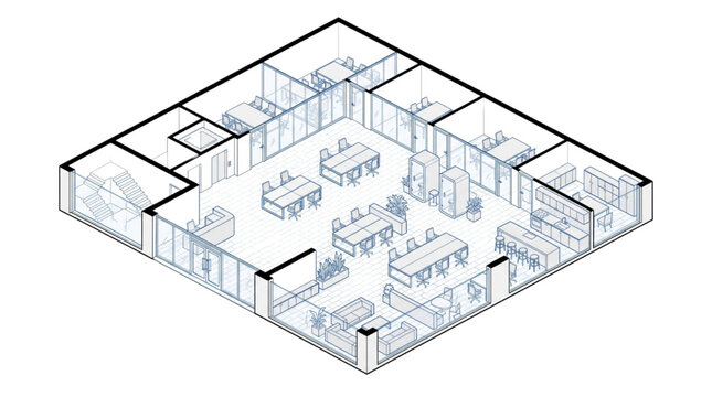 Detailed isometric CAD architectural floor plan of a modern open office space interior design layout