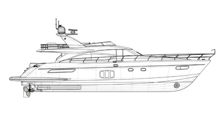 Technical CAD drawing of a modern luxury yacht motorboat side view blueprint illustration for engineering design © Rishi