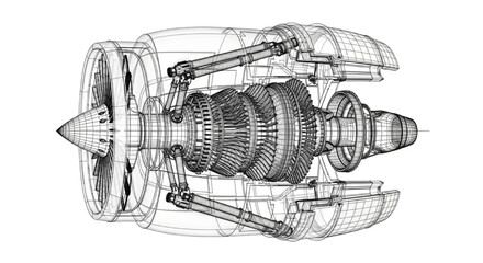Technical CAD wireframe model of a high performance jet engine turbine for aerospace engineering and mechanical design visualization © Rishi