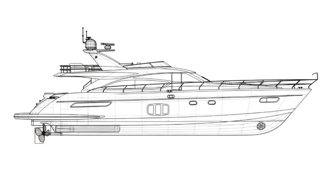 Technical CAD drawing of a modern luxury yacht motorboat side view blueprint illustration for engineering design